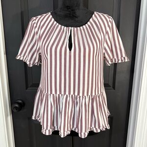 Madewell White And Purple Striped Stanza Ruffle Hem Blouse Size Small